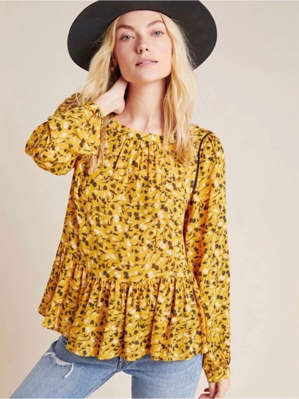 Maeve Yellow Floral Peplum Blouse Peasant Boho Size Small Mustard Yellow